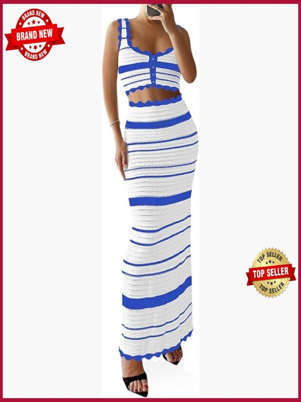 Womens 2 Piece Striped Crochet Knit Coverup Crop Top Bodycon Maxi Skirt Set